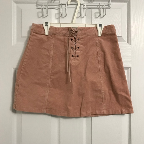 FOREVER 21 Cotton Corduroy Mini Skirt L Pink Front Lace Tie Up - Picture 1 of 5